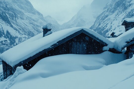 Snowy alpine huts nestled in a mountain valley  Snow-laden roofs of rustic wooden buildings are framed by majestic snow-capped peaks  The scene evokes a sense of tranquil winter isolation - Powered by Adobe
