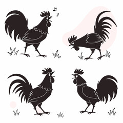 Silhouette Roosters Set Crowing Black Chicken with Fly, Farm Birds, Poultry Art