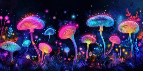 Fantasy fungi glowing in enchanted forest