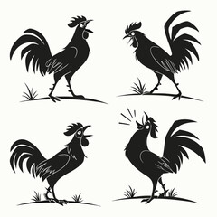 Rooster Silhouette Set, Cocks Crowing, Domestic Birds in Black & White, Barnyard Animal