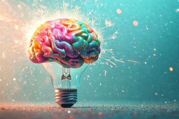 Rainbow brain bulb with glowing fireworks