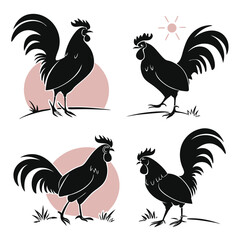 Black Rooster Silhouettes Set Farm Animal, Cock Illustrations, Fowl, Sunrise