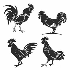 Black Rooster Silhouettes Set, Farm Bird with Crest, Poultry Posing, Isolated on White