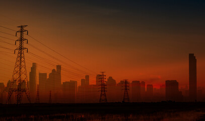Blackout in Spain and Portugal shows dark cityscape with electricity pylon. European energy crisis....