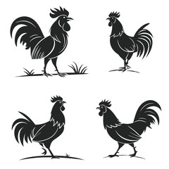 Rooster Silhouette Set, Standing Farm Animals, Monochrome Vector, Chicken Isolated