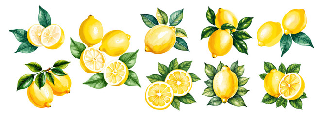 Set of lemons citrus fruits, whole and cut, with green leaves. Watercolor style vector illustration isolated on white background