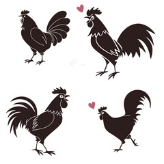 Collection of Rooster Silhouettes, of Poultry Animals, Farming, Love Concept