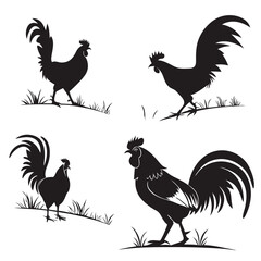 Rooster Silhouette Set Farm Animal, Poultry Birds in Minimalist Black Design, Standing
