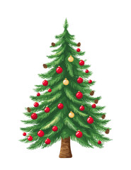 Christmas tree decorated with red and gold ornaments. Traditional New year design element. Vector illustration isolated on white background