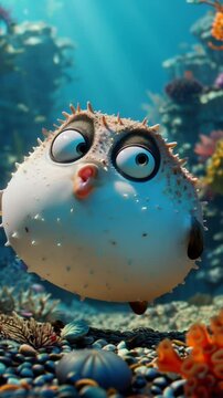 3D Cartoon Pufferfish Bubbling Animation blowfish cut fish funny underwater talking loop overacting stylized render kids content family friendly