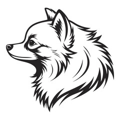 Minimalist Pomeranian Dog Head Profile | Fluffy Fur, Canine Portrait, Black and White