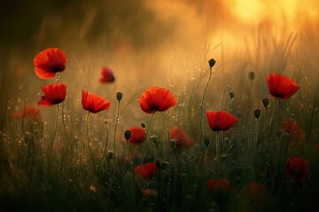 Enchanting Sunset Poppy Field: Nature's Serene Embrace at Golden Hour