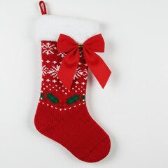 A christmas stocking with snowflakes and holly and a red bow on a white background hanging up