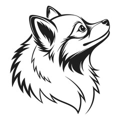 Line Art Pomeranian Dog Head Looking Upward, Stylized Fur Detail, Isolated Animal Portrait