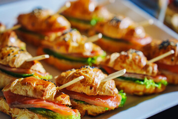 Delicious croissant sandwiches with salmon and vegetables on a serving platter