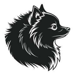 Monochrome Pomeranian Dog Head Profile with Fluffy Fur Isolated on White Background