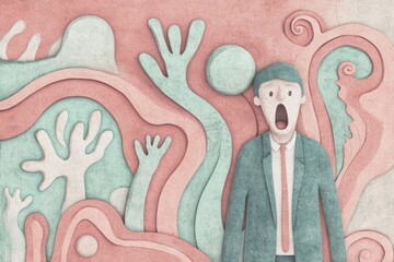 Surprised man surrounded by surreal pastel forms