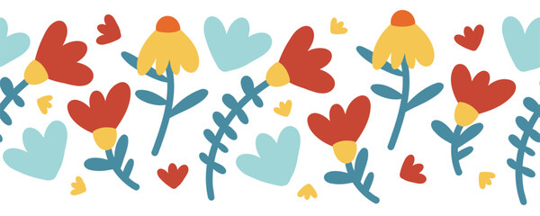 Abstract floral seamless border. Hand-drawn colorful flowers, plants, and leaves. Spring and summer botanical gardens. Modern design. Flat style.