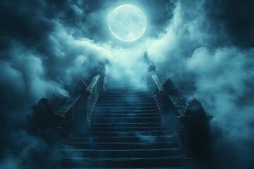 Fototapeta premium A staircase leading to the moon, with misty clouds and an eerie atmosphere. The full moon casts its light on the dark stairs.
