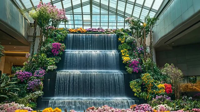 Magnificent Three-Tier Waterfall Display Adorned with Lush Floral Arrangement, Indoor Oasis