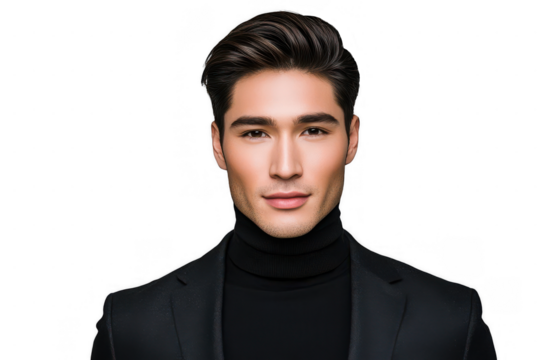 Handsome man in black turtleneck and black suit poses for front facing portrait. Ideal for professional design use or digital profile templates. Transparent background.