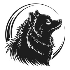Elegant Black and White Silhouette of Wolf Head in Circle, Detailed Fur Texture, Logo