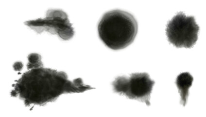 Set of black ink splashes, ink spreading, PNG isolated