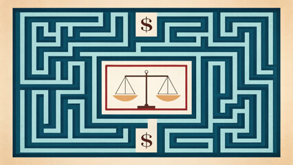 Complex blue maze with two dollar sign exits and central image of balanced scales symbolizing justice and financial decision making in vintage style