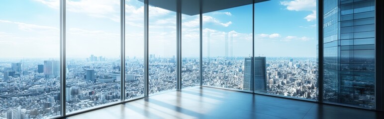 Spacious corporate office interior view of city skyline under bright sky