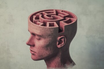 Red stone head with spiral brain labyrinth