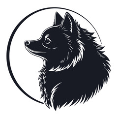 Pomeranian Dog Silhouette, Pet Profile, Black and White, Isolated in Circle