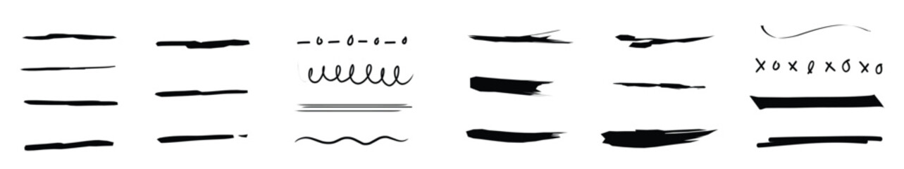 Set of artistic pen brushes. Hand drawn grunge strokes. Doodle design elements. Hand drawn collection set of underline strokes in marker brush doodle style