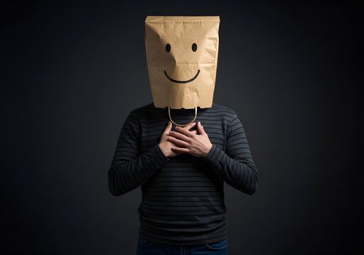 Person wearing a paper bag with a smiley face over their head conveying hidden emotions and identity