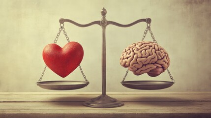 Heart and brain balance on antique scale