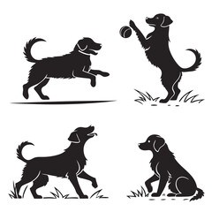 Silhouette Set Playful Labrador Retrievers in Various Poses, Black, White Background