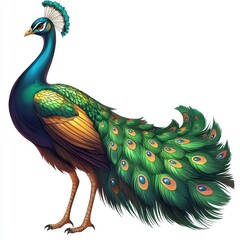 Obraz premium Majestic peacock profile, vibrant plumage, white background, nature illustration, website design