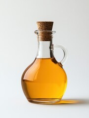 Bottle of golden oil with cork on white background