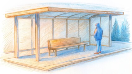 Person Waiting at a Bus Stop in a Sketchy Style  