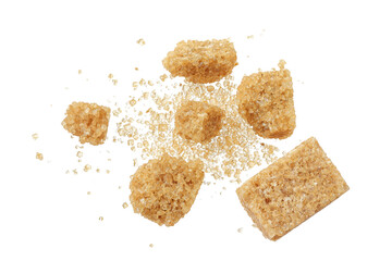brown sugar cubes isolated on white background. Top view, flat lay
