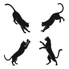 Four Dynamic Black Cat Silhouettes in Various Playful Poses on a Clean White Background