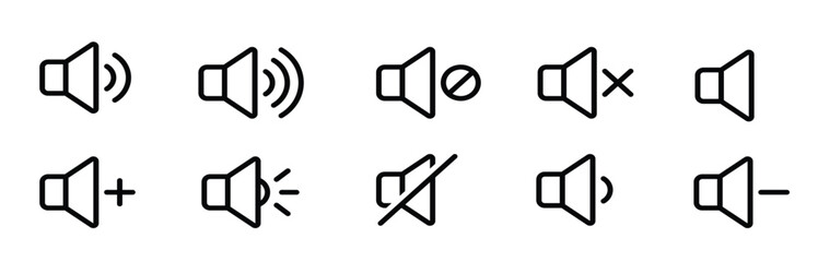 Set of Speaker volume outlined icon. Suitable for multimedia UI UX, sound control, and audio setting..