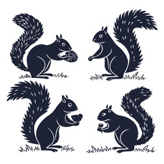 Stylized Squirrel Silhouettes Set of Four Poses with Nuts, Tails, and Grassy Base