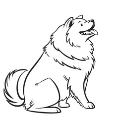 Line Art Chow Chow Dog Sitting, Head Up, Tongue Out, Happy Expression, Isolated on White