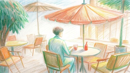 Person Relaxing with Drink in Open-Air Cafe Setting  