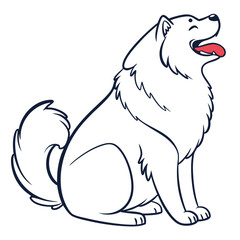 Cute Cartoon Samoyed Dog Sitting, Smiling with Tongue Out, Fluffy White Fur, Outline Style