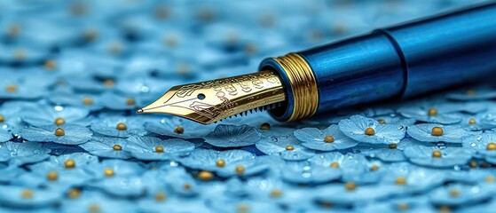 A gold-nibbed pen rests on a bed of delicate blue flowers, creating a serene and artistic scene