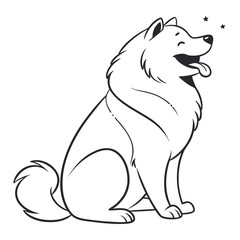 Outlined Happy Samoyed Dog Sitting with Tongue Out and Starry Eyes on White