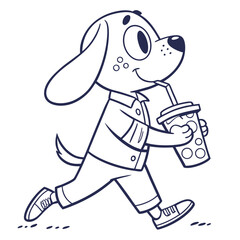 Animated Spotted Dog Walks, Smiling, Holding Drink With Straw, Wearing Shirt, Shoes