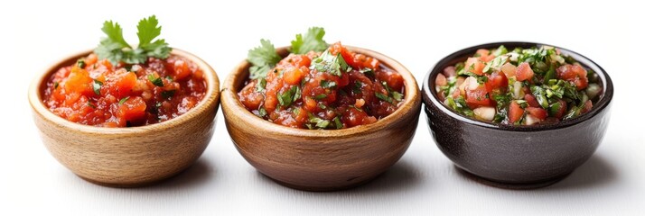Variety of fresh salsa dips in wooden bowls