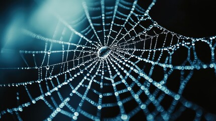 Detailed close-up view of a glistening spiderweb.